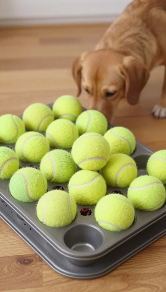 Dog sniffing a muffin tin puzzle with tennis balls and treats