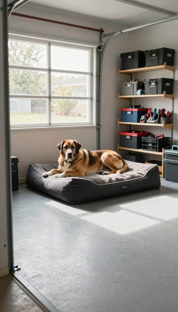 Garage workshop kennel for large dog with insulated walls and raised bed