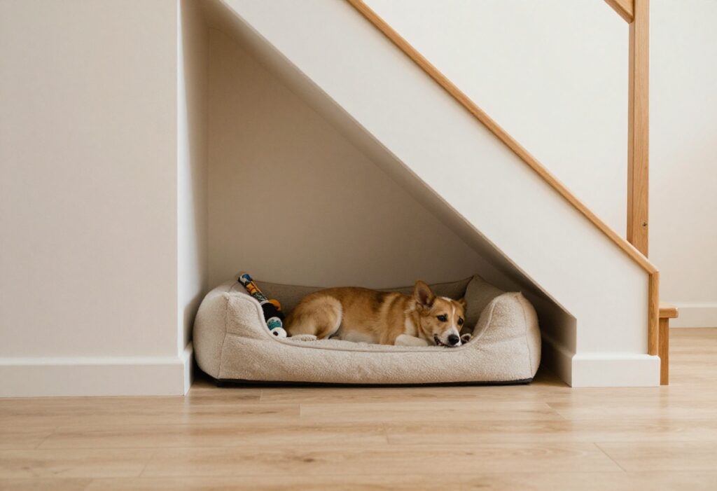 Cozy hidden dog nook under stairs with dog bed and toys in a small living room