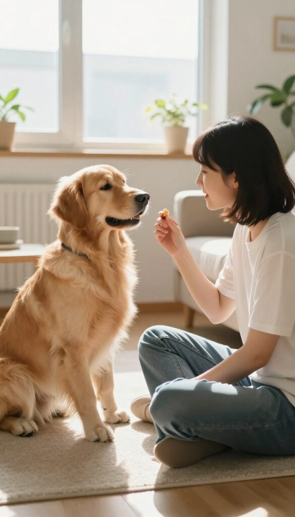 Person teaching a dog a new trick with a treat, golden retriever lifting paw, bright natural light