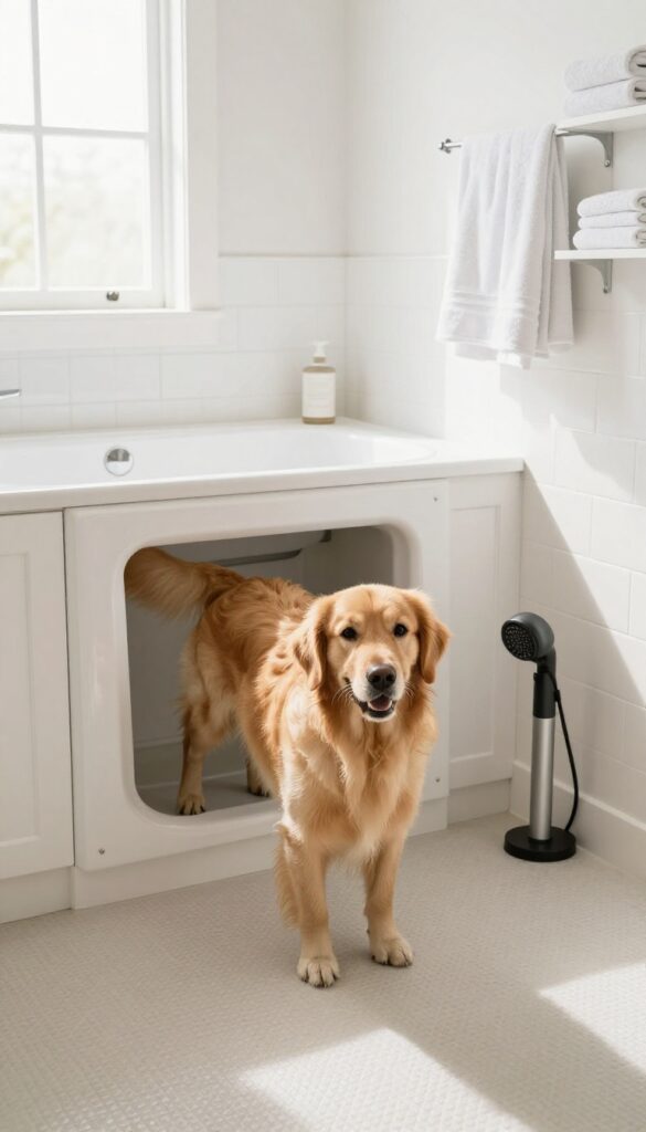 Built-in raised dog bath tub with non-slip floor in a bright laundry room