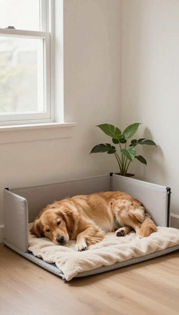A golden retriever resting in a properly sized dog crate in a bright, serene bedroom corner