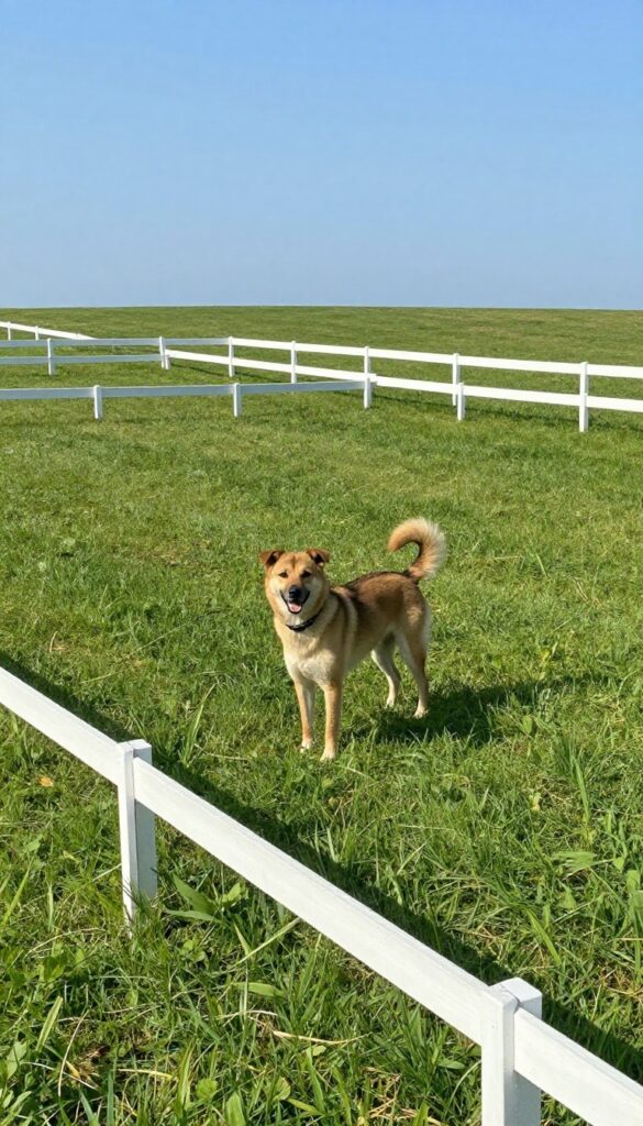 Dog with invisible fence collar standing near boundary flags in a large open backyard with no physical fence.