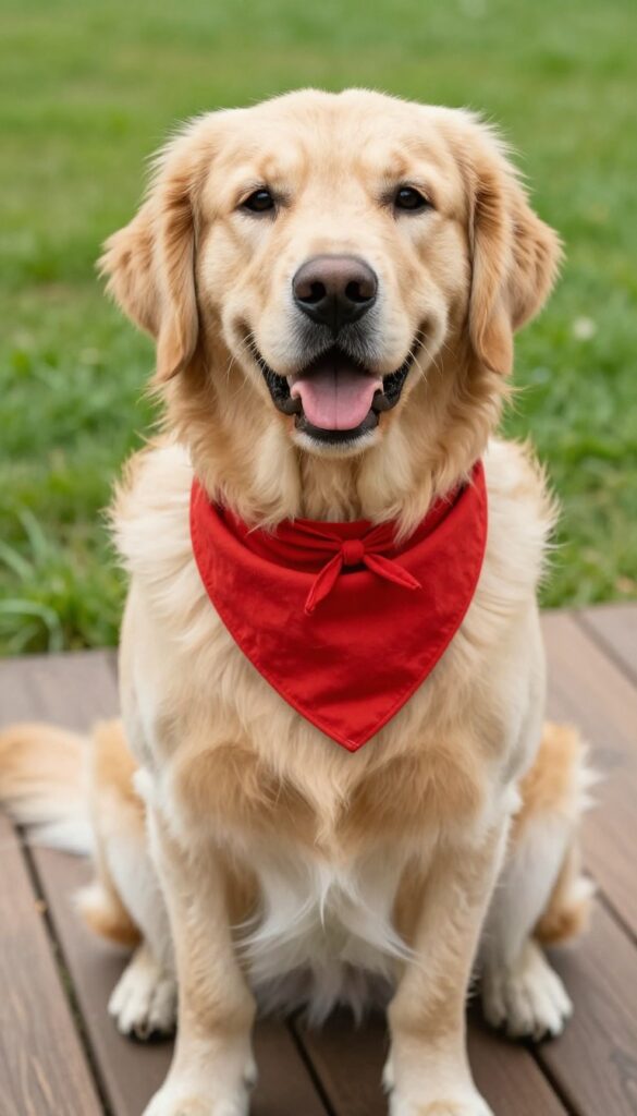 Golden retriever with a red bandana tied around its neck, sitting on a wooden deck in natural light