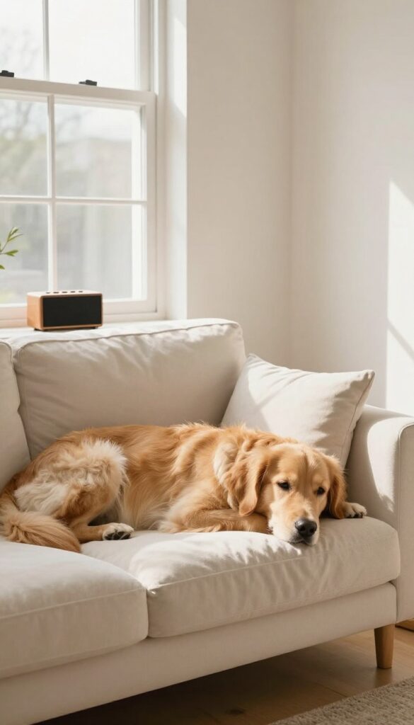 Calm golden retriever relaxing in a draped crate with a speaker nearby, soft natural light.