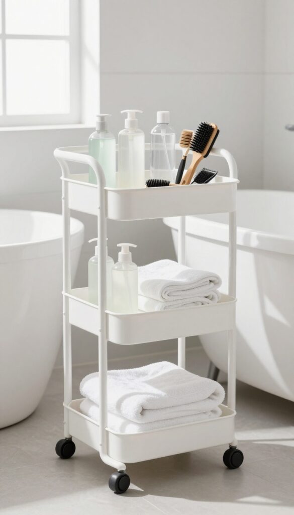 A three-tier rolling cart filled with dog grooming supplies in a bright bathroom