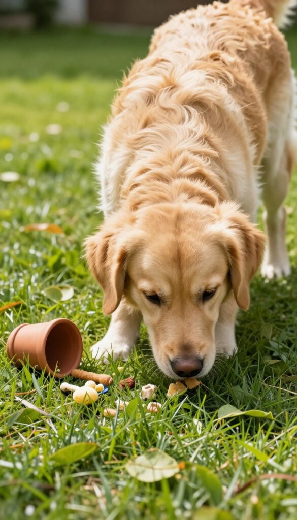 Golden retriever sniffing treats hidden in backyard grass for a scavenger hunt