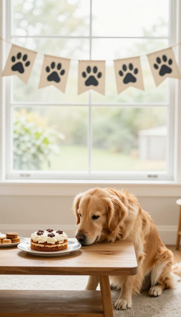 Dog-safe party decor with fabric banner and treats on table, golden retriever sniffing