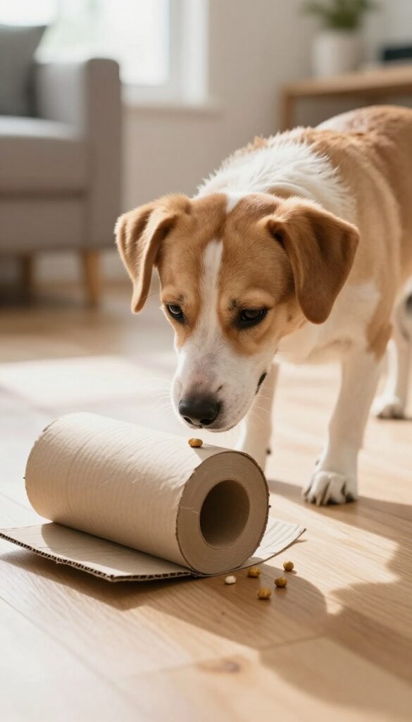 Dog solving a toilet paper roll puzzle with treats spilling out on a wooden floor