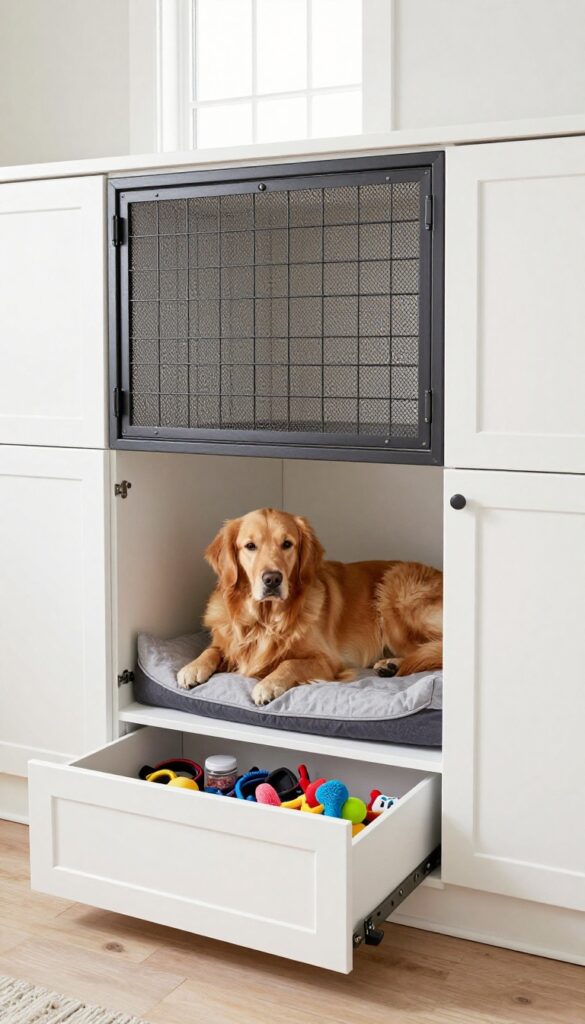 Custom built-in dog kennel with storage drawers, featuring a golden retriever resting inside, integrated into bright living room cabinetry.