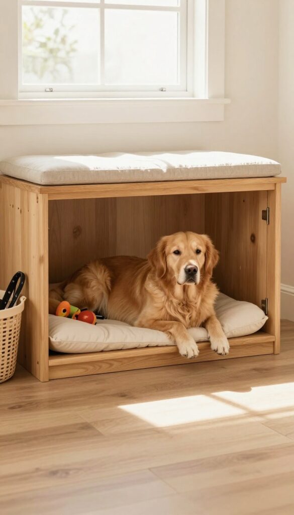 Built-in dog crate under a mudroom bench with a dog resting inside