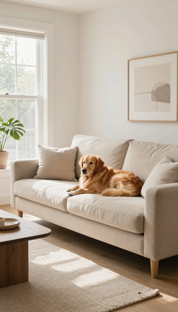 A dog-friendly living room with a performance fabric sofa that resists fur and stains, featuring a golden retriever resting on the couch.