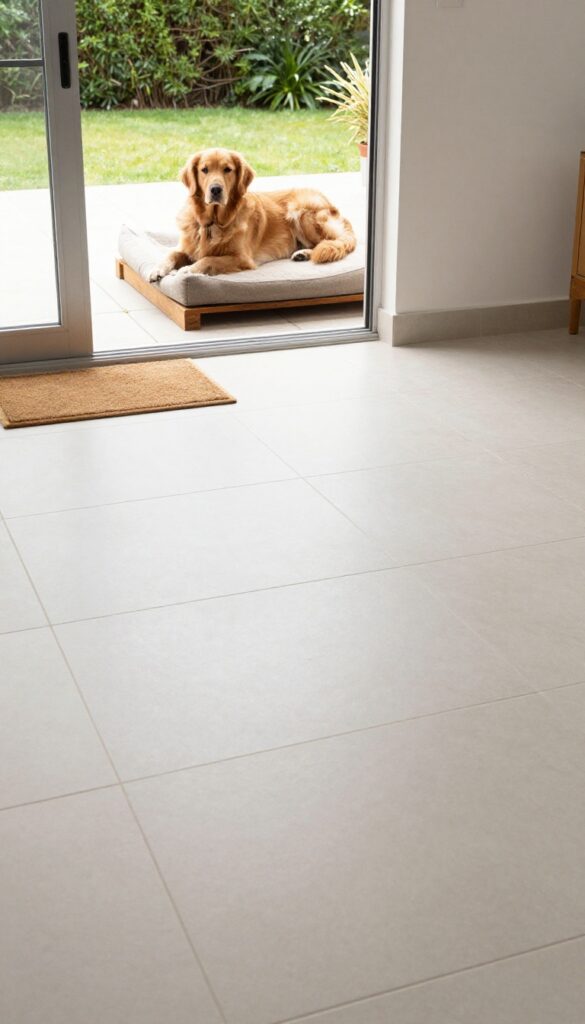 Indoor-outdoor dog suite with tile flooring, washable bed on raised platform, and golden retriever enjoying the space.