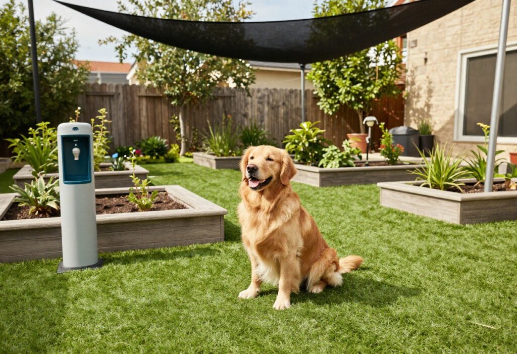 A dog-friendly backyard with artificial grass, raised beds, and a shade sail, featuring a golden retriever sitting happily.