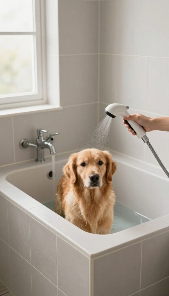 Tiled dog wash basin with handheld sprayer in a laundry room