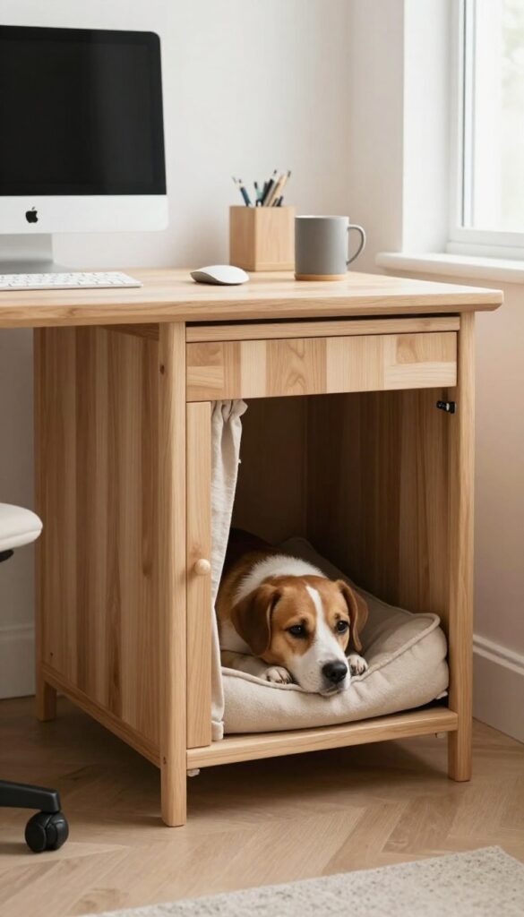 Under-desk dog kennel built into home office, dog sleeping on bed inside