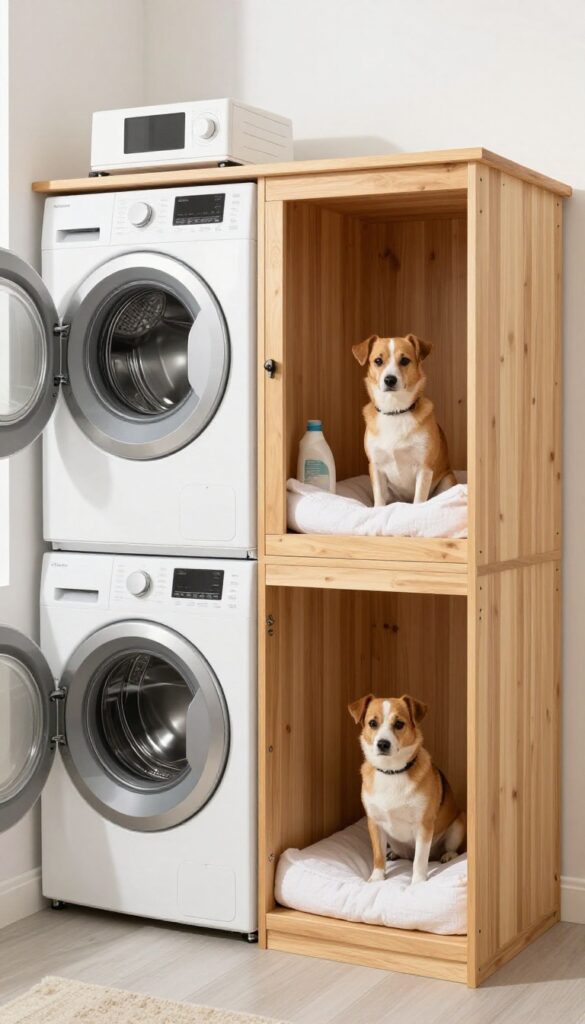 Stackable washer and dryer with a custom dog kennel beside it, featuring built-in drawers and a folding station, a dog resting inside.