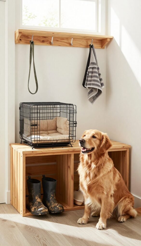 Mudroom with built-in bench and dog crate cubby, golden retriever inside crate, hooks and boot tray nearby, bright natural light.