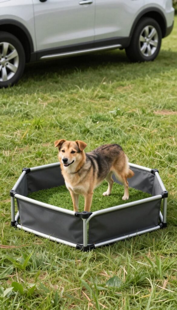 Portable dog potty setup with collapsible pen and fake grass mat in a sunny backyard