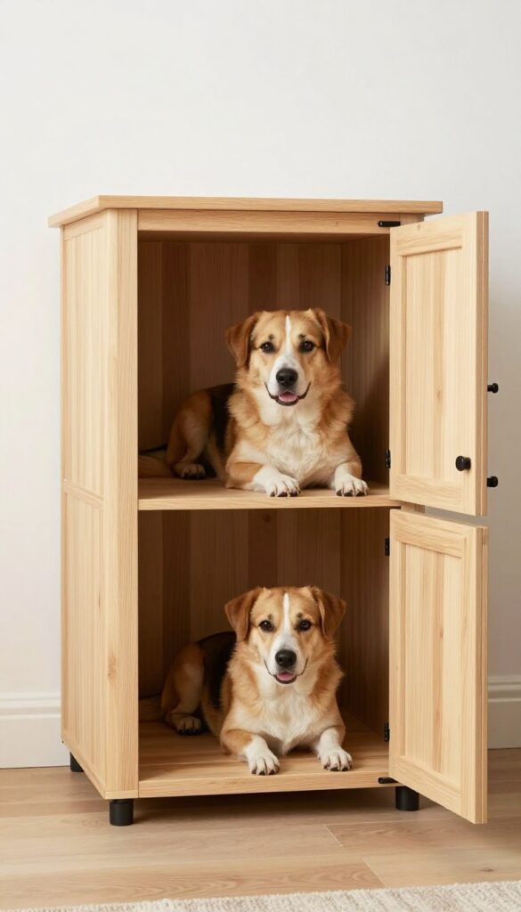 Custom wooden under-stairs dog kennel with Dutch door, top half open, large dog inside, modern home interior.