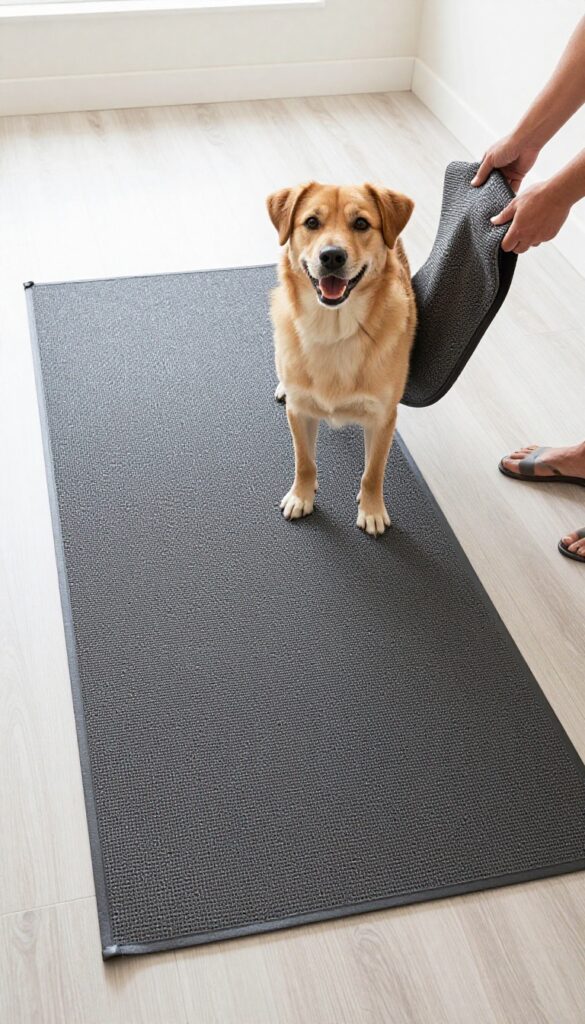 Dog standing on a washable machine-made kennel mat with owner holding a clean replacement mat