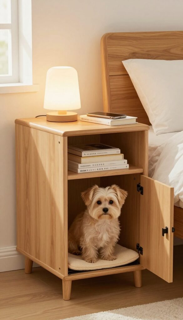 A nightstand with a built-in dog crate in a bedroom, lamp and books on top, dog inside crate