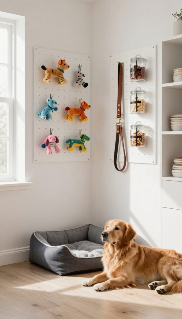 Dog closet with pegboard toy and treat storage wall, leashes hung neatly, clear treat jars, and a dog bed below