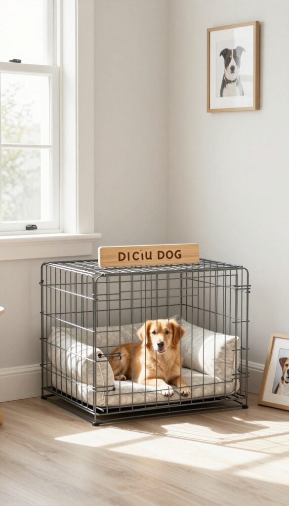 Dog crate with personalized nameplate and cushion in bright living room