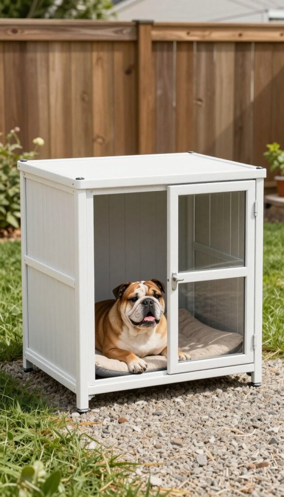 Elevated metal dog kennel with raised floor for airflow, white frame, on gravel base, with a Bulldog inside, in a sunny backyard.