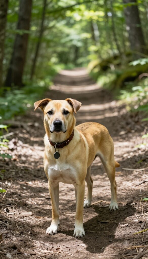 A dog standing on a hiking trail, wearing a leather collar, looking ahead with a curious expression, in bright forest light.