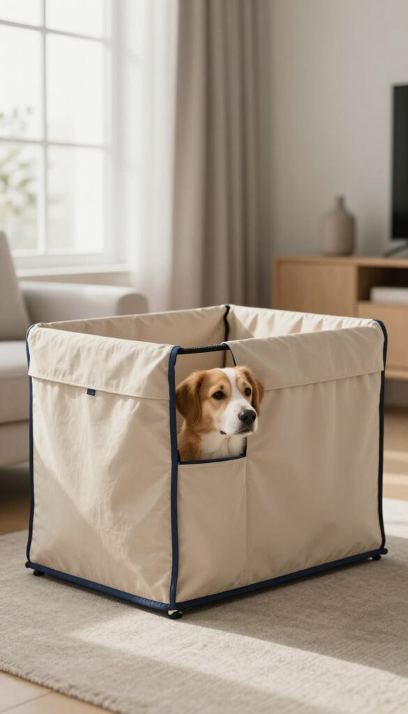 Dog crate with custom fabric cover featuring tabs, neutral decor, natural light, cozy den-like space.