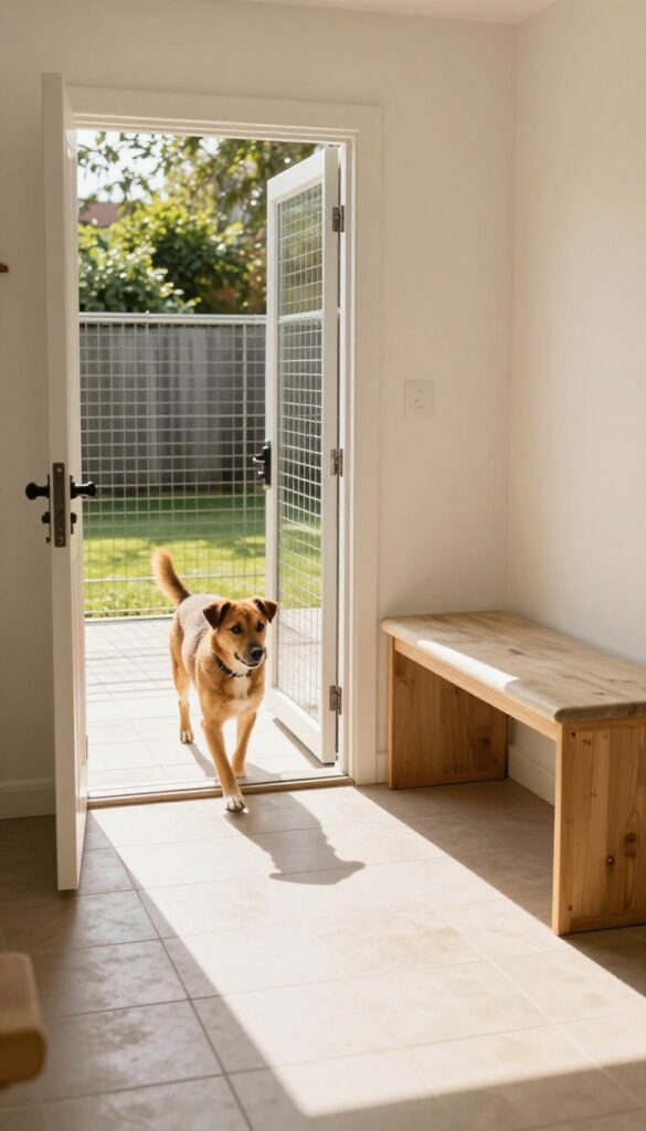 Dog using a mudroom dog door to access a fenced enclosure