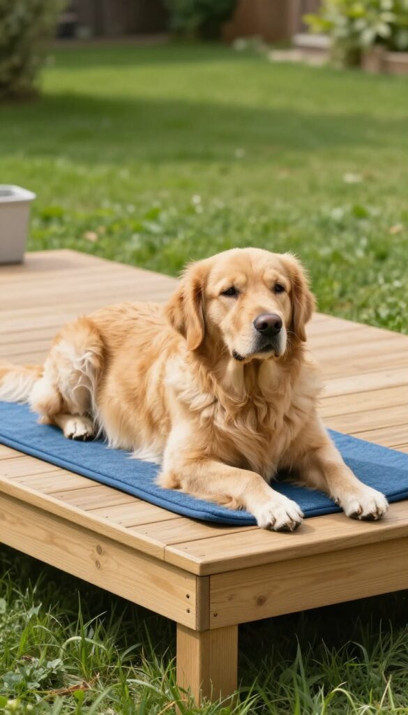 Golden retriever relaxing on an elevated wooden deck platform in a sunny backyard