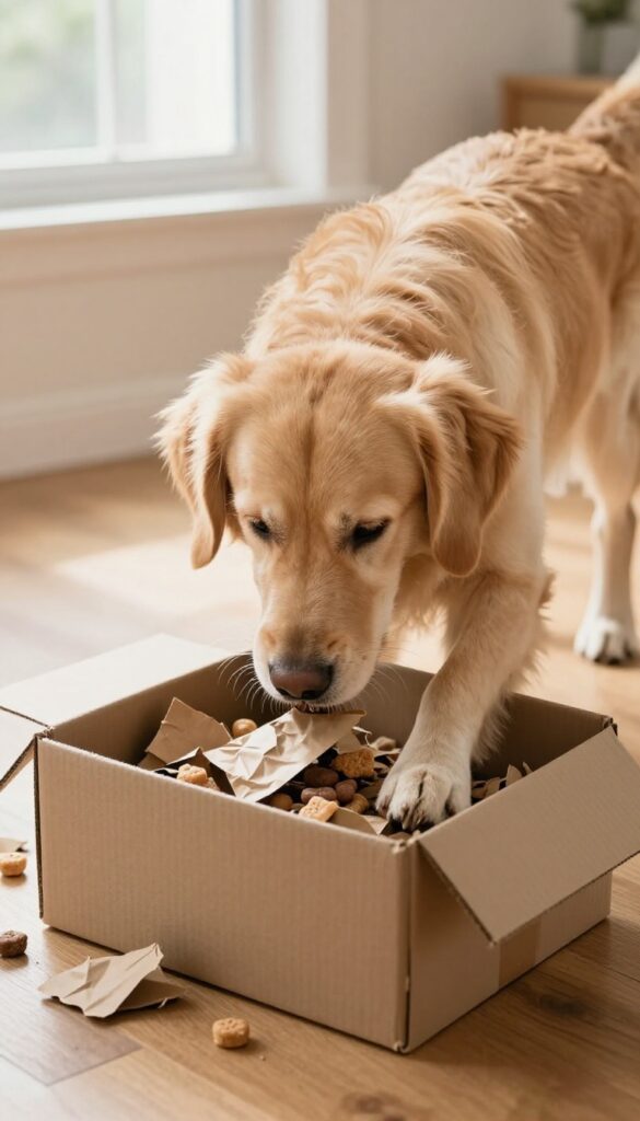 Golden retriever digging in a cardboard box with crumpled paper and treats