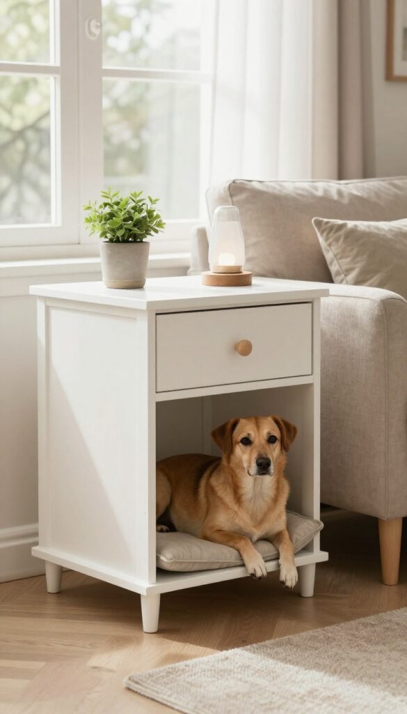 DIY dog crate side table with drawers, lamp and plant on top, dog resting inside crate in bright living room