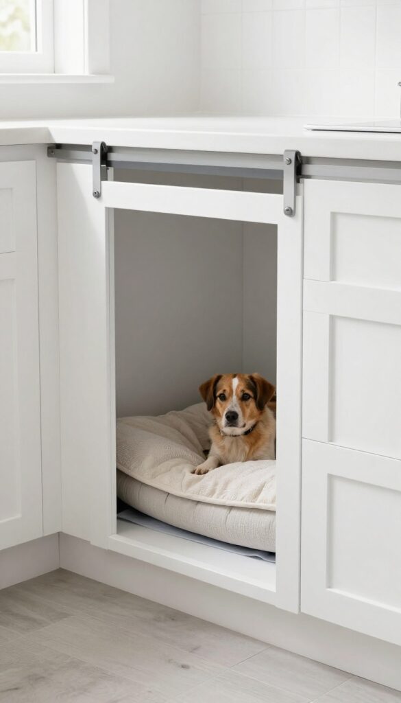 Under-counter dog kennel with sliding barn door in a bright laundry room, revealing a cozy bed inside.