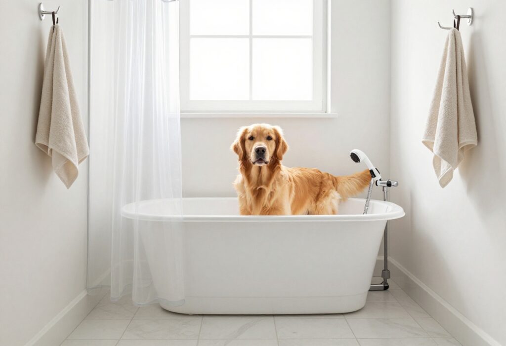 Laundry room with a raised dog wash tub and a golden retriever standing inside, surrounded by a clear splash curtain and towel hooks.