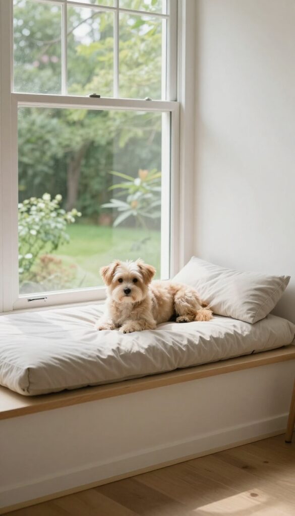Small dog resting on a memory foam bed on a sunny window perch in a tidy, bright room