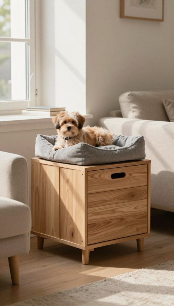 Multi-purpose crate furniture in a bright living room with a dog resting inside.