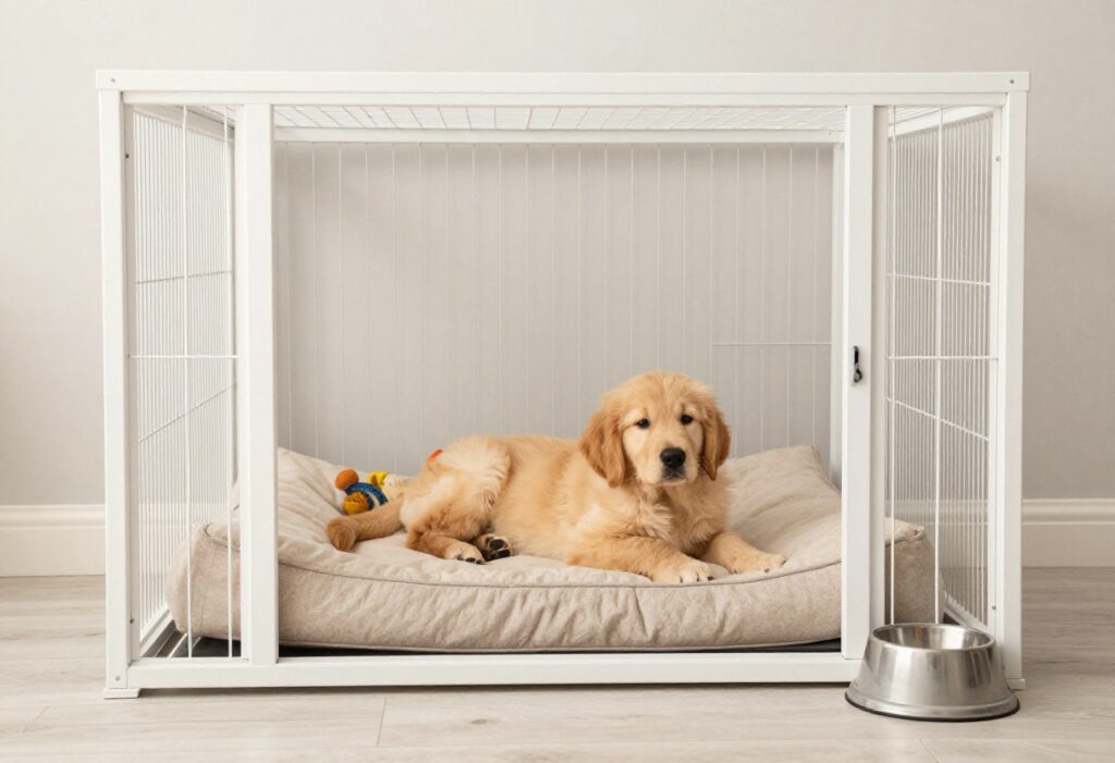 Cozy dog kennel with bed and toys, golden retriever relaxing inside