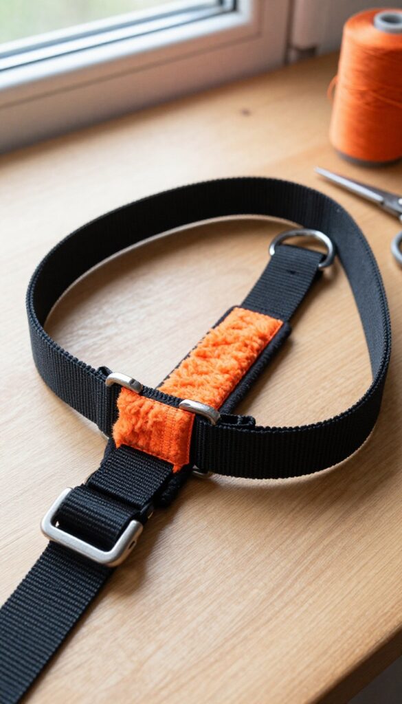 DIY dog collar and leash set made from nylon webbing with reflective stitching, on a wooden table.