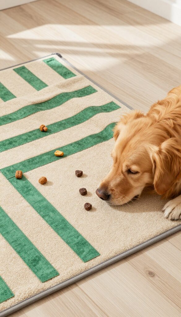 Dog sniffing treats hidden in a snuffle mat on a wood floor