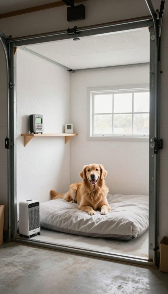 Insulated garage dog room with foam board insulation, fiberglass batts, weatherstripping, portable heater, digital thermometer, and a golden retriever on a bed.