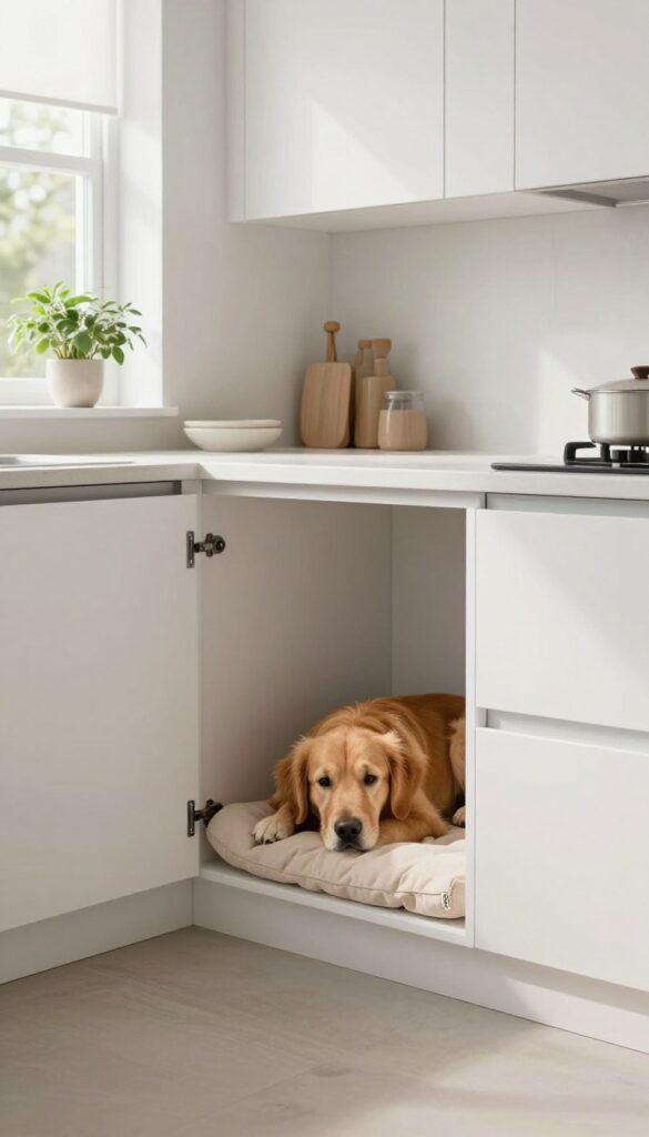 Custom cabinet kennel built into kitchen cabinetry with open door showing a golden retriever resting inside on a soft bed.