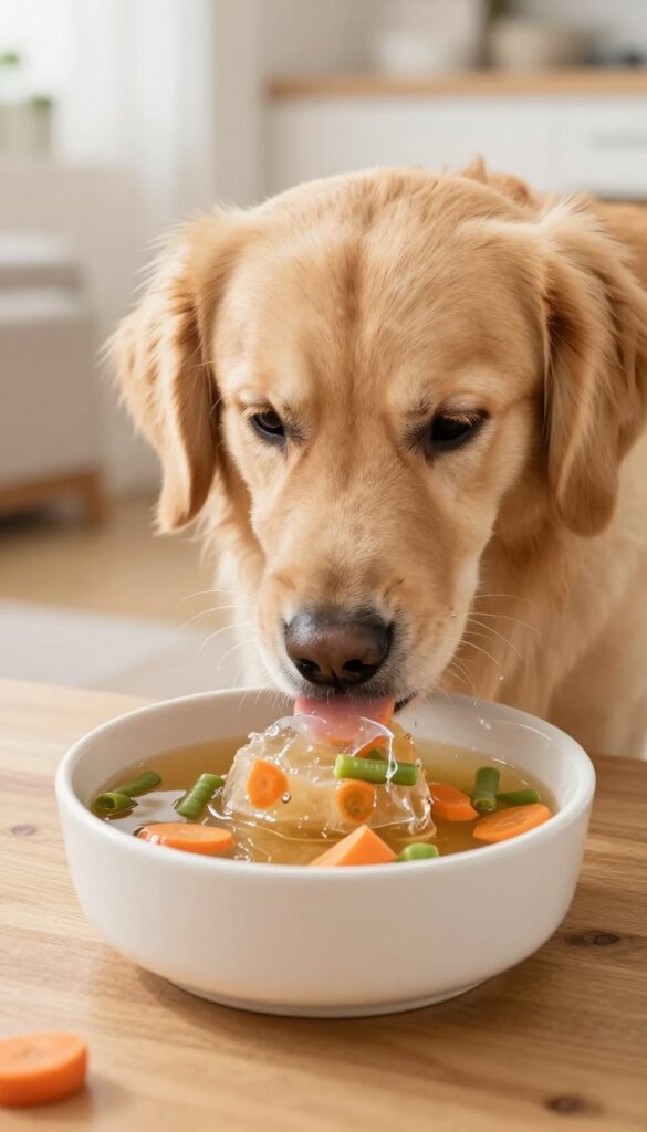 Dog licking a frozen chicken broth and veggie enrichment bowl