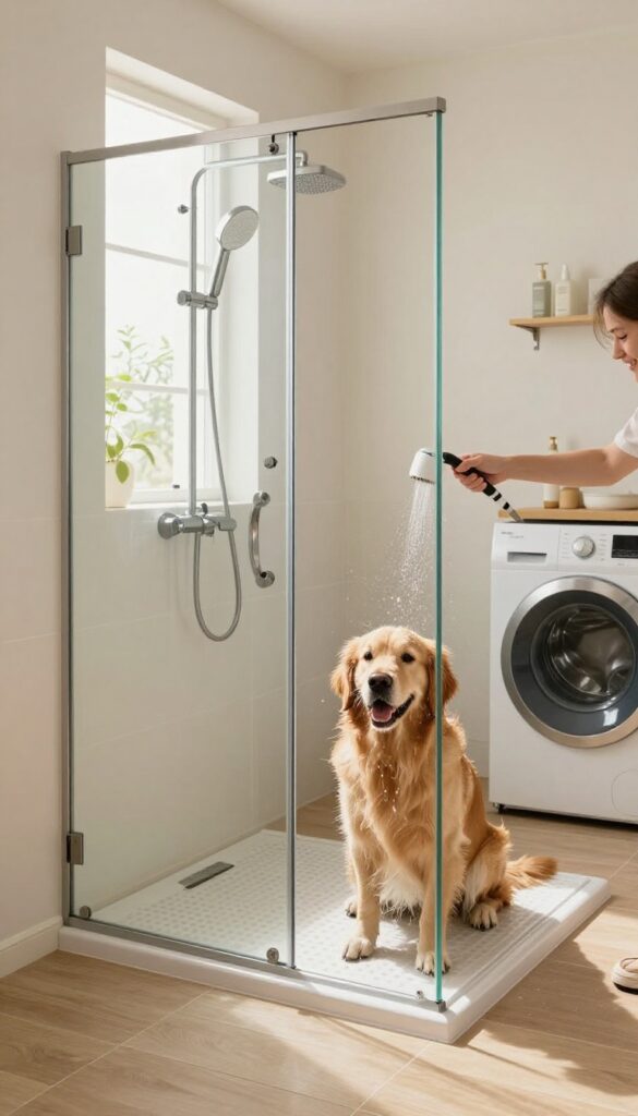 Walk-in shower with glass door for dog washing in utility room