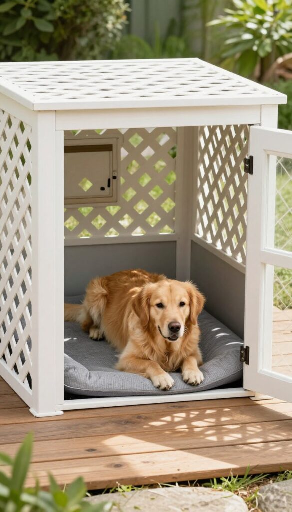 Under-deck dog kennel with lattice enclosure, dog door, cooling mat, and a golden retriever resting in the shade.