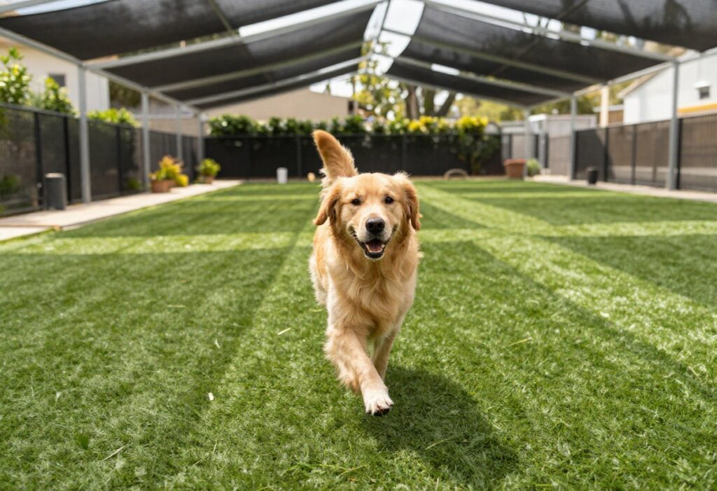 Golden retriever playing in a backyard dog run with artificial turf and shade canopy