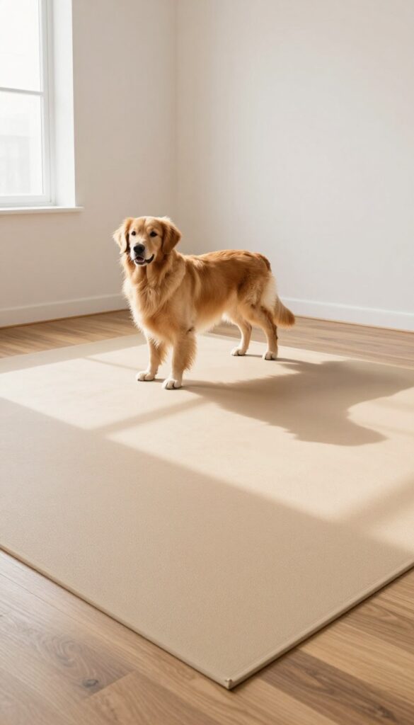 Dog standing on slip-proof floor runner in modern living room