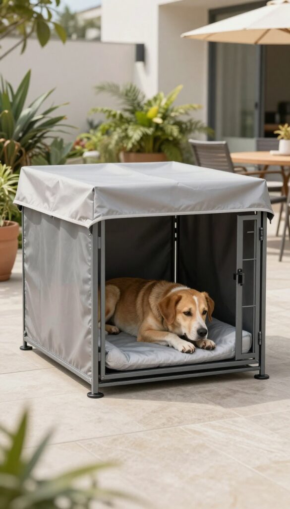 A weather-resistant dog crate on a covered patio with a waterproof cover and cooling mat, blending with chic outdoor decor, a relaxed dog inside.